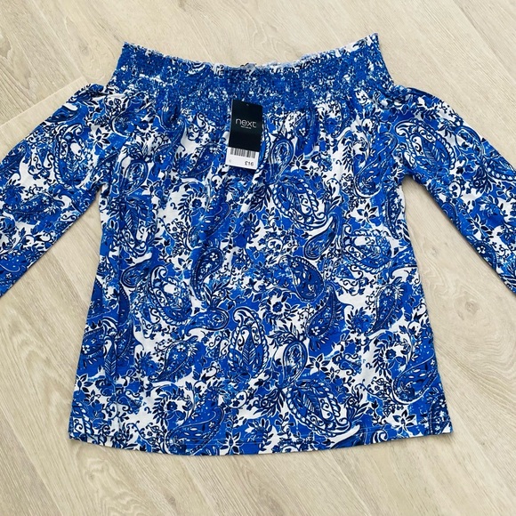 Next Blue White Mix Stretch Paisley Print Bardot Top Blouse Size 6 - Picture 6 of 7